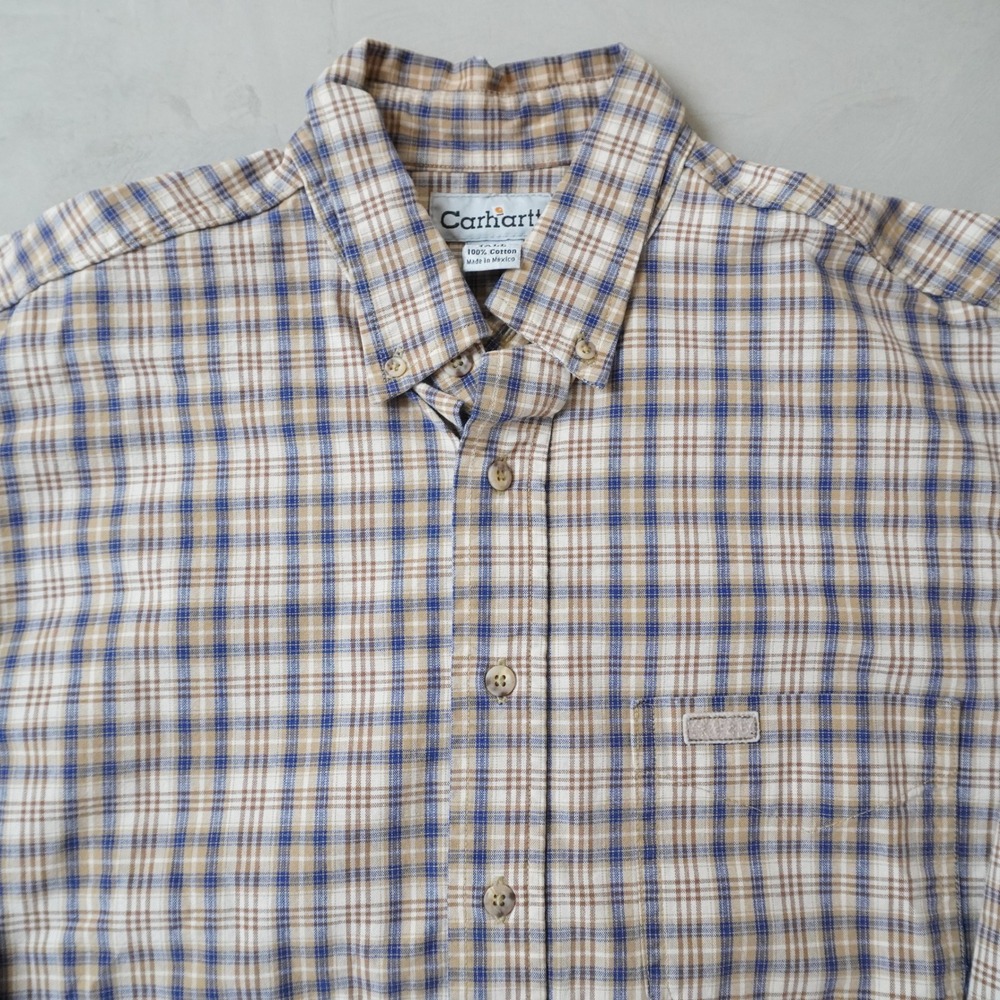 Vintage Carhartt Plaid Button Down Shirt Large Tall Mens Tan Blue Long Sleeve - Picture 3 of 7